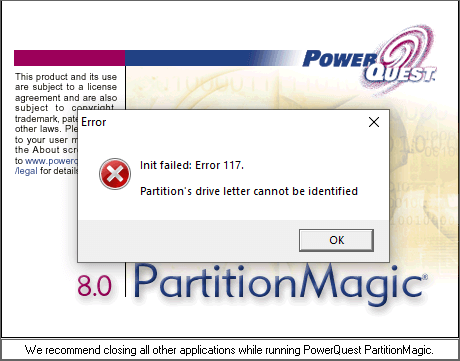 partition magic 8.0 init failed: error 117. partition