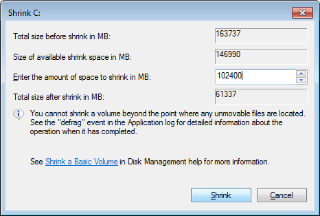 windows 7 shrink disk unmovable files