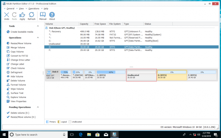 Unallocated space moved